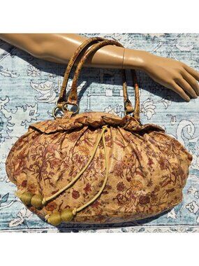 Y2K Rampage Floral Frame Bag Beaded Tassels Fairycore Cottagecore Tan Handbag